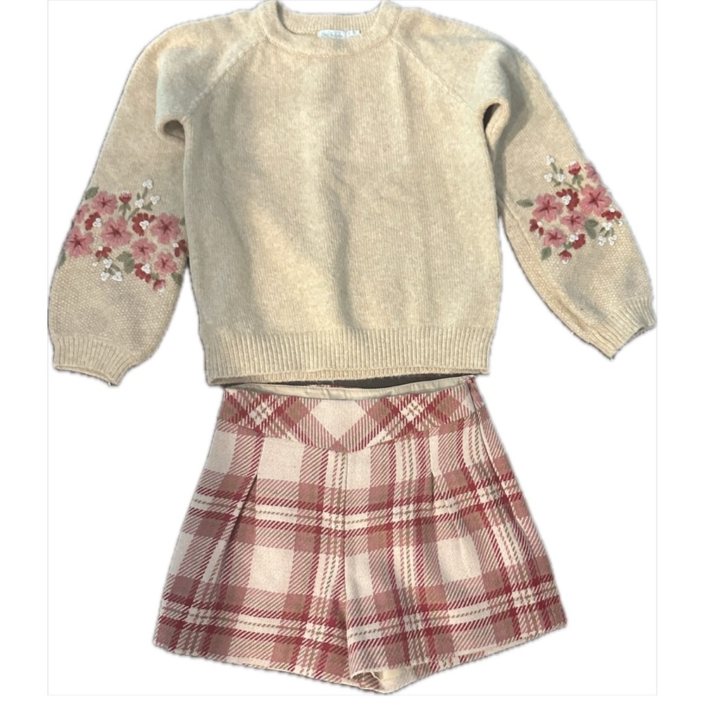 Abel and Lulu Luxury Girls Clothing Lin Embroidered Sweater and Plaid Shorts Set